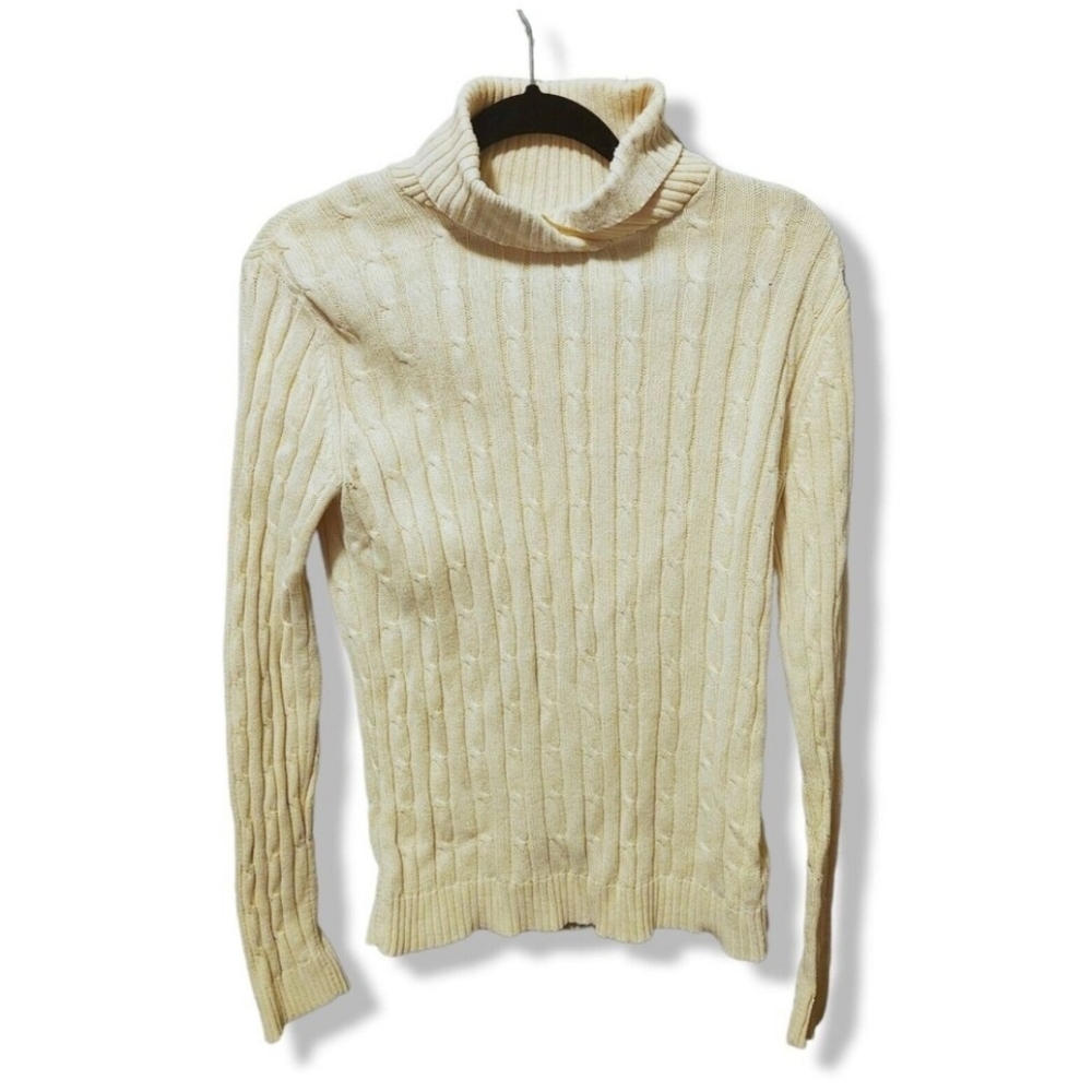 Liz & Co thick cotton chunky Cable Knit Sweater cream women XL heavy mock neck